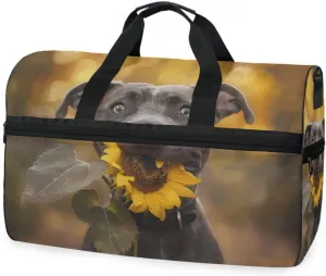 Dog Holding A Sunflower Travel Duffel Bag Luggage Sports Gym Bags With Shoes Compartment Large Capacity Lightweight Duffle Bag For Men Women