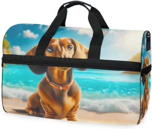 Dog on Beach Travel Duffel Bag Luggage Sports Gym Bags With Shoes Compartment Large Capacity Lightweight Duffle Bag For Men Women