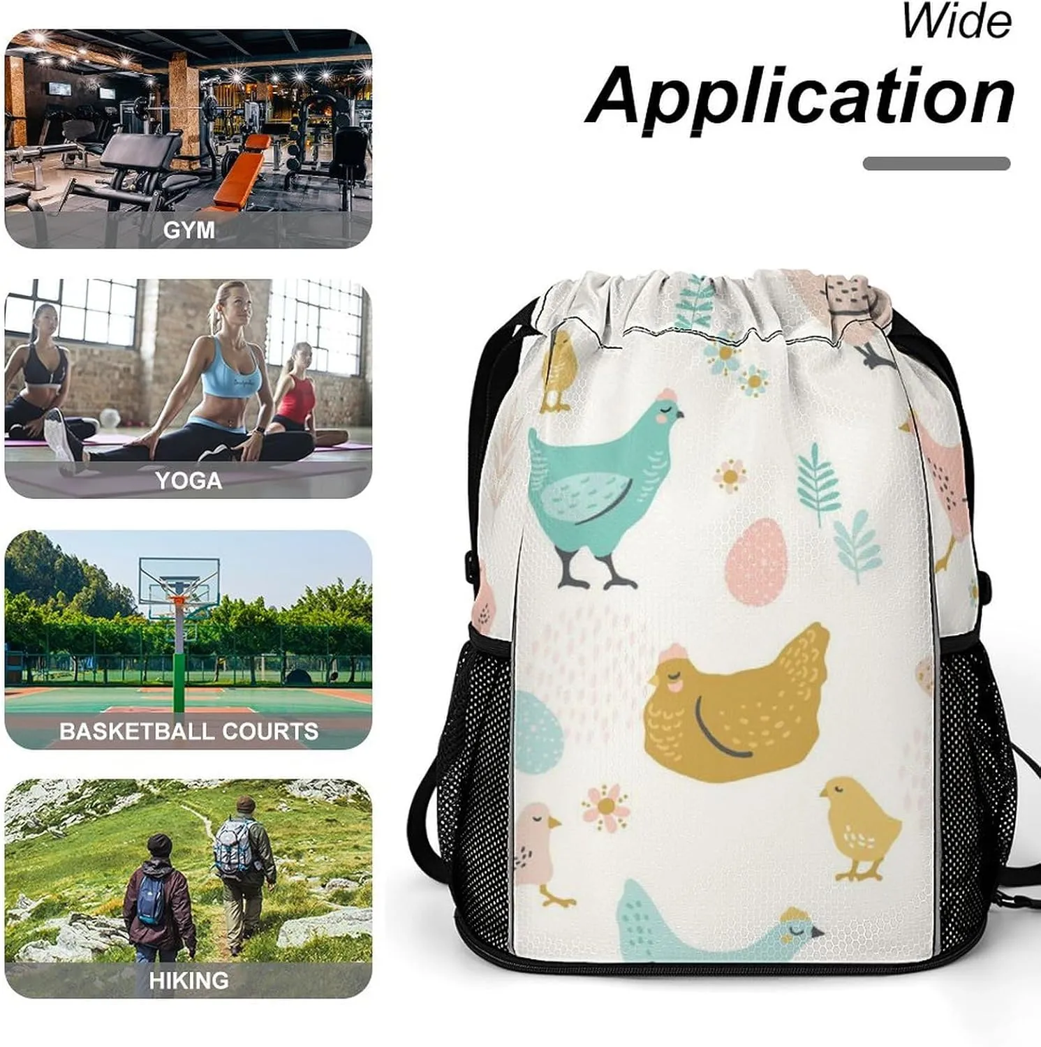 Drawstrings Backpacks Bags for Men Women Compatible with Rooster Cock Chicken Bird Floral Gym Drawstrings Bag Large Capacity String Backpack with Shoes Compartment