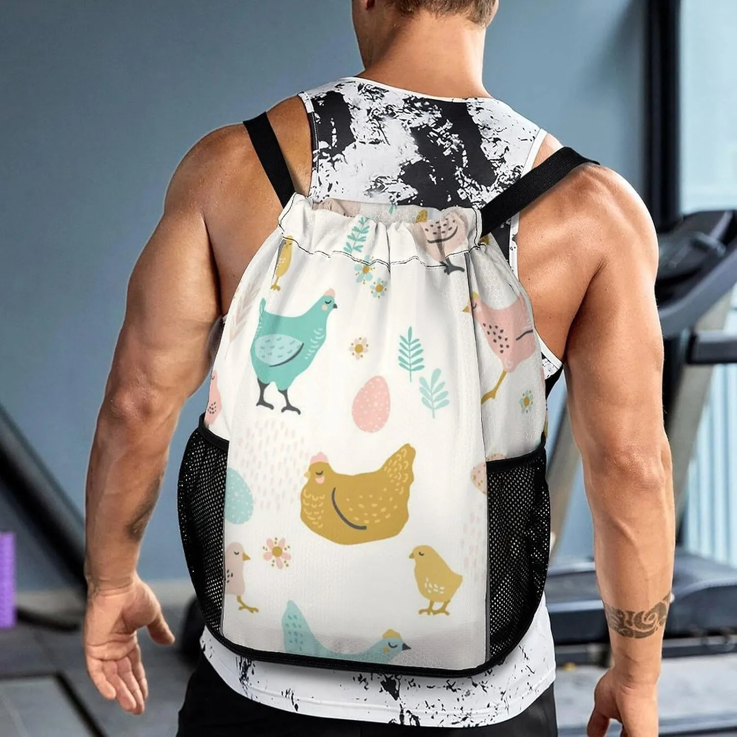 Drawstrings Backpacks Bags for Men Women Compatible with Rooster Cock Chicken Bird Floral Gym Drawstrings Bag Large Capacity String Backpack with Shoes Compartment