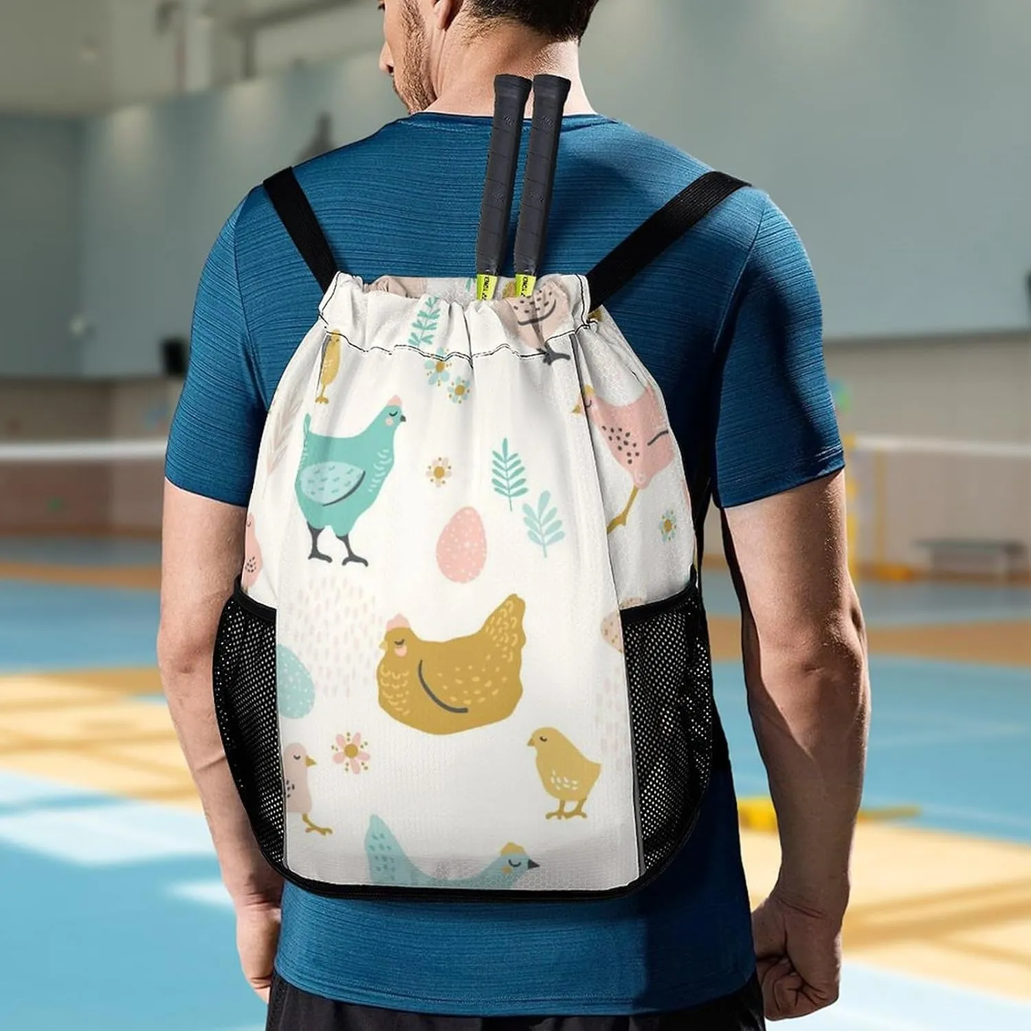 Drawstrings Backpacks Bags for Men Women Compatible with Rooster Cock Chicken Bird Floral Gym Drawstrings Bag Large Capacity String Backpack with Shoes Compartment