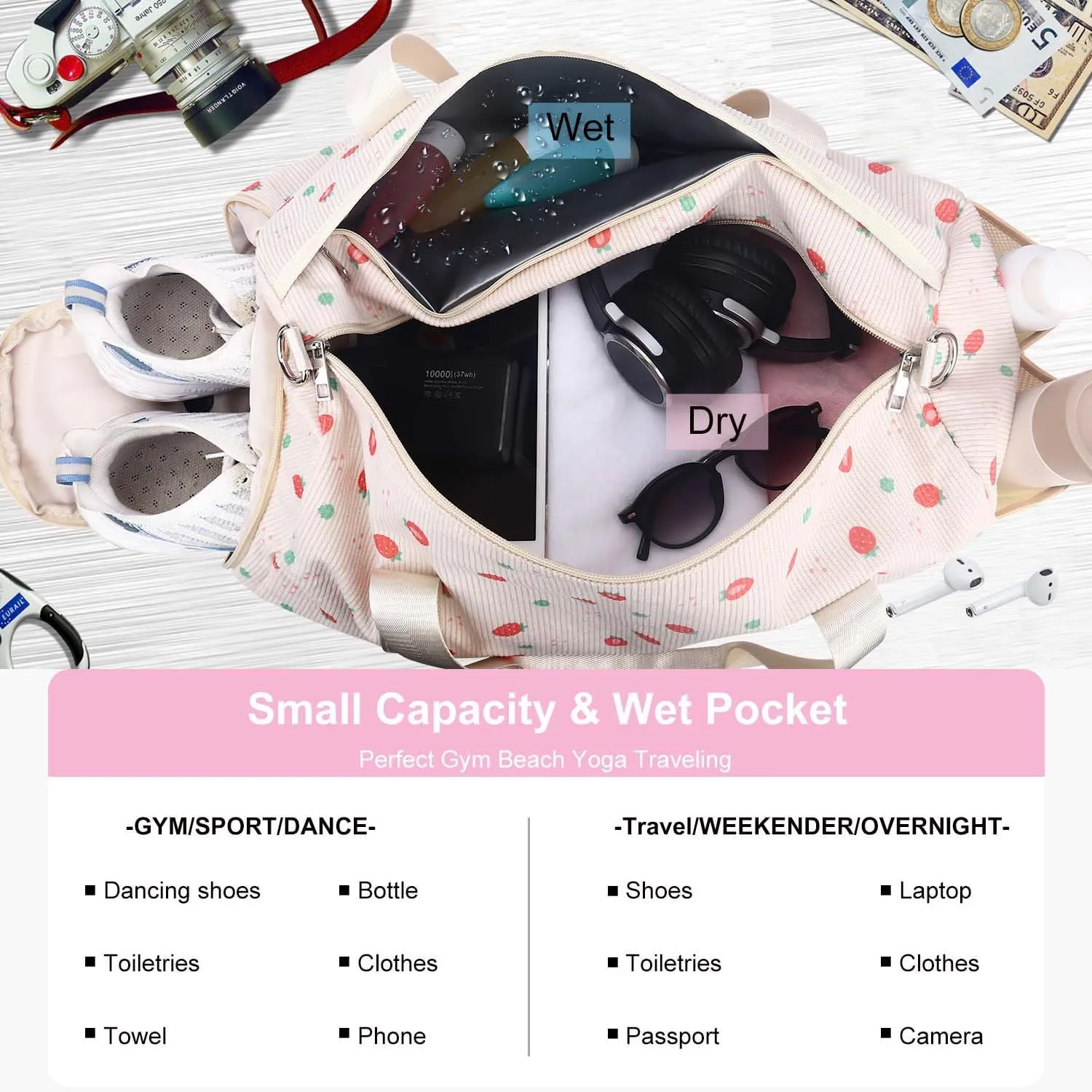 Duffle Bag for Girls Kids- foldable duffle bag Gym Bag with Shoes Compartment & Wet Separation Waterproof Sports Overnight Travel Sleepover Ballet Bag
