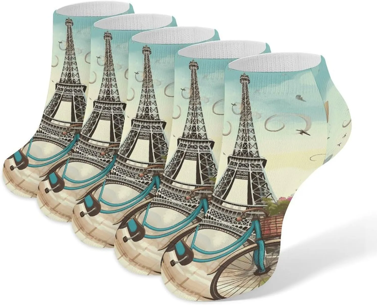 Eiffel Tower Bike Ankle Socks Soft Breathable No Show Socks Comfortable Cotton Low Cut Casual Socks for Women Men 5 Pairs