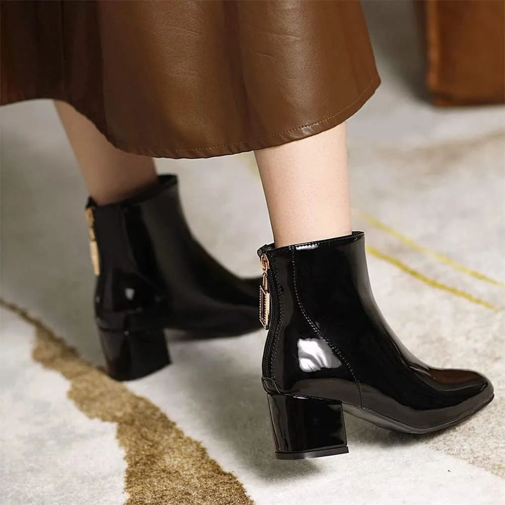 Elbslutt Women's Square Toe Gogo Ankle Boots Patent Leather Chunky Heel Booties Back Zipper Block Heeled Short Boots