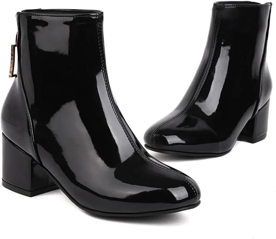 Elbslutt Women's Square Toe Gogo Ankle Boots Patent Leather Chunky Heel Booties Back Zipper Block Heeled Short Boots