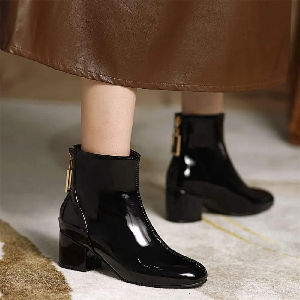Elbslutt Women's Square Toe Gogo Ankle Boots Patent Leather Chunky Heel Booties Back Zipper Block Heeled Short Boots