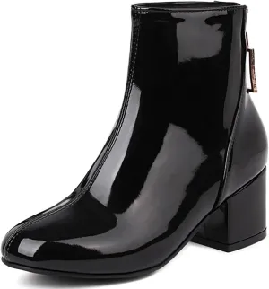 Elbslutt Women's Square Toe Gogo Ankle Boots Patent Leather Chunky Heel Booties Back Zipper Block Heeled Short Boots