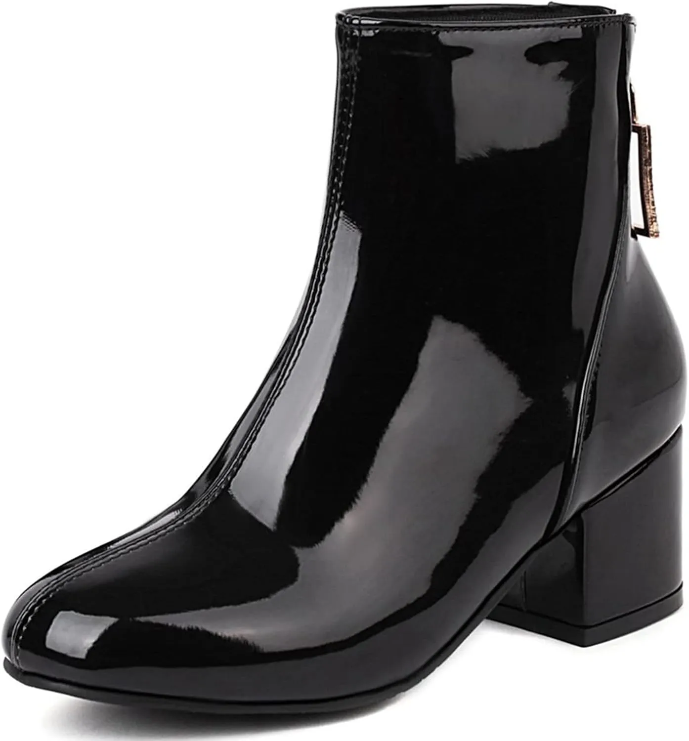 Elbslutt Women's Square Toe Gogo Ankle Boots Patent Leather Chunky Heel Booties Back Zipper Block Heeled Short Boots