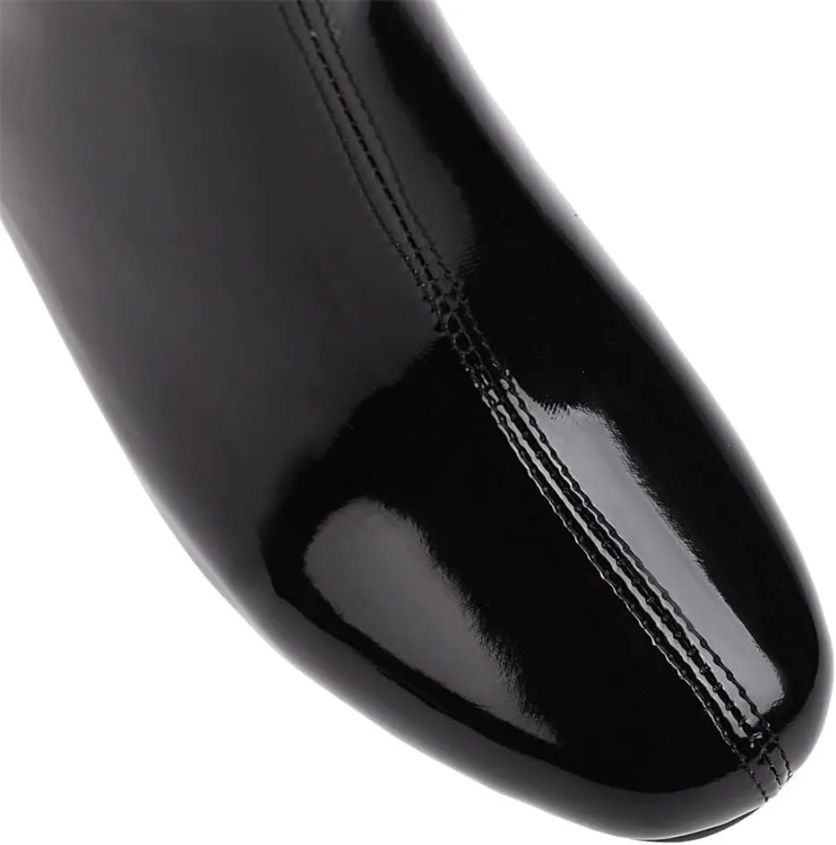 Elbslutt Women's Square Toe Gogo Ankle Boots Patent Leather Chunky Heel Booties Back Zipper Block Heeled Short Boots