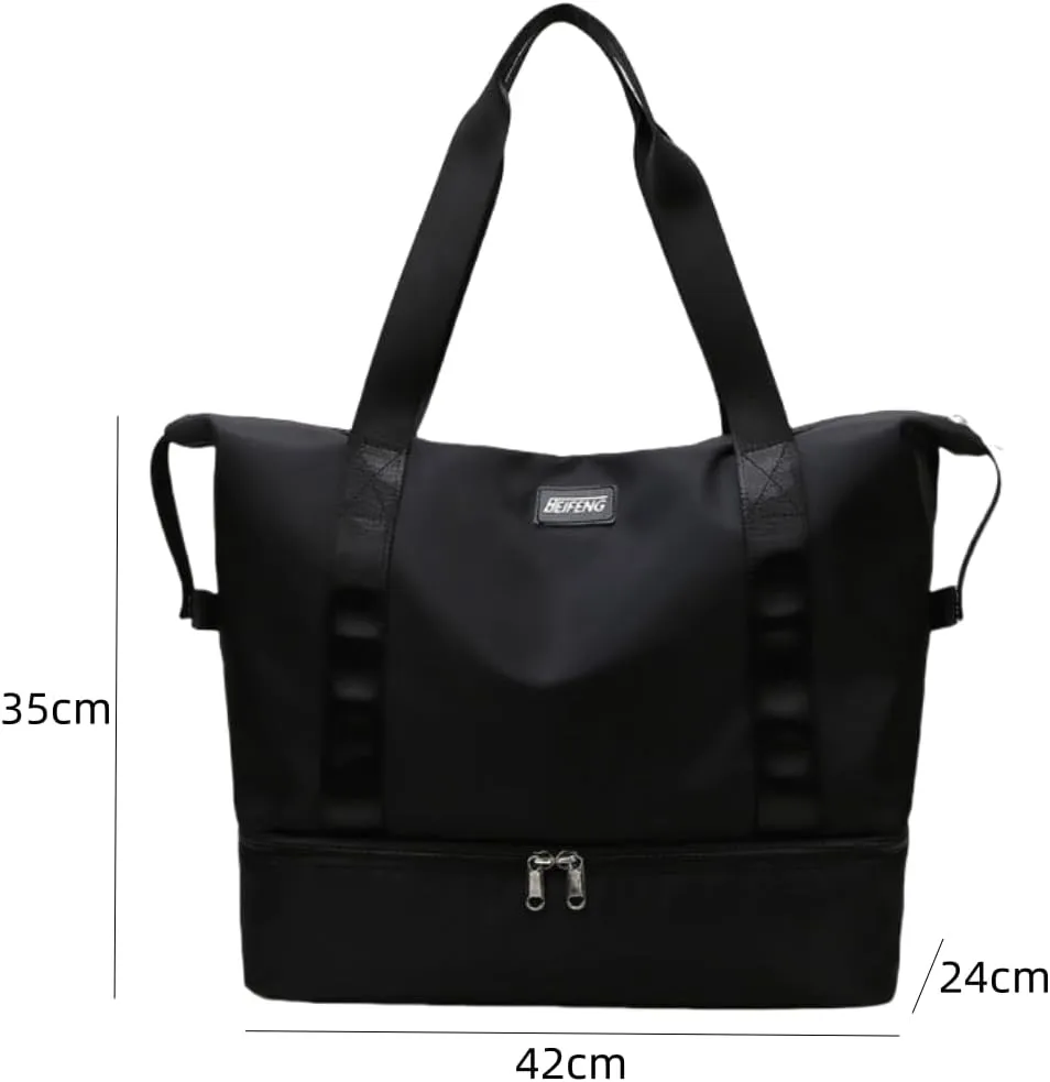 ESUPPORT Gym Bag for Women Travel Duffel Bag Weekender Carry on Overnight Bag with Wet Pocket and Expandable Shoes Compartment(Black)