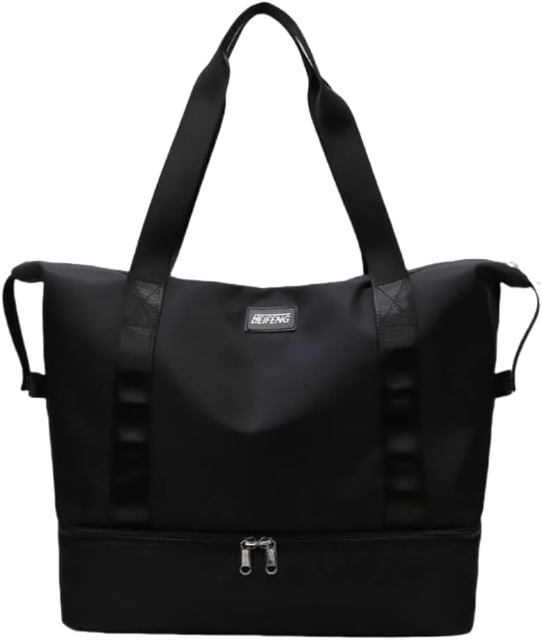 ESUPPORT Gym Bag for Women Travel Duffel Bag Weekender Carry on Overnight Bag with Wet Pocket and Expandable Shoes Compartment(Black)