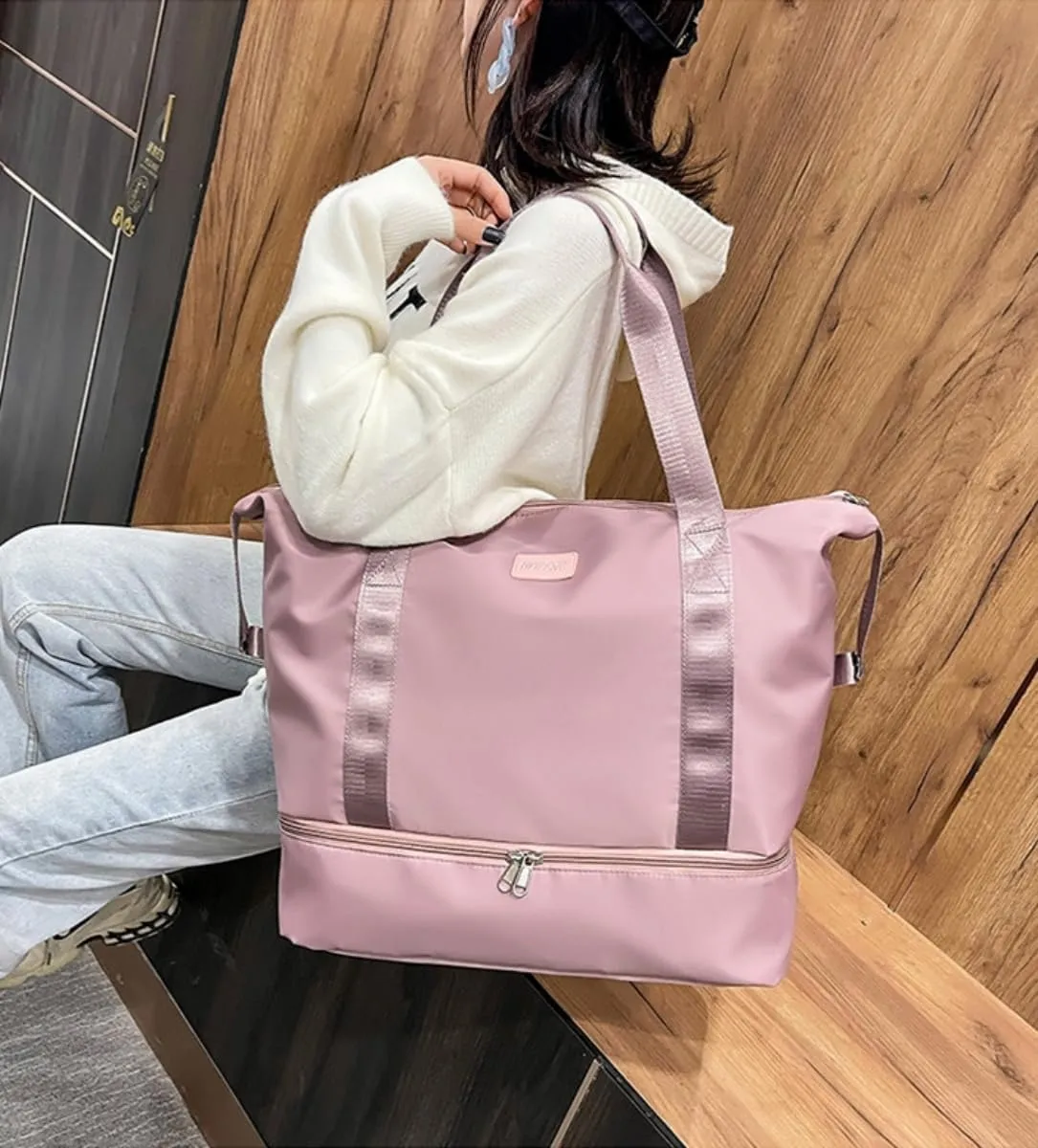 ESUPPORT Gym Bag for Women Travel Duffel Bag Weekender Carry on Overnight Bag with Wet Pocket and Expandable Shoes Compartment(Pink)