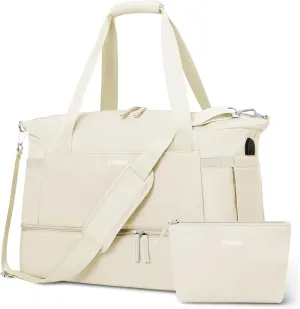 ETRONIK Gym Bag for Women, Travel Bag with Shoes Compartment, Weekender Bag with USB Charging Port, Beige, Medium, Gym Bag Travel Bag