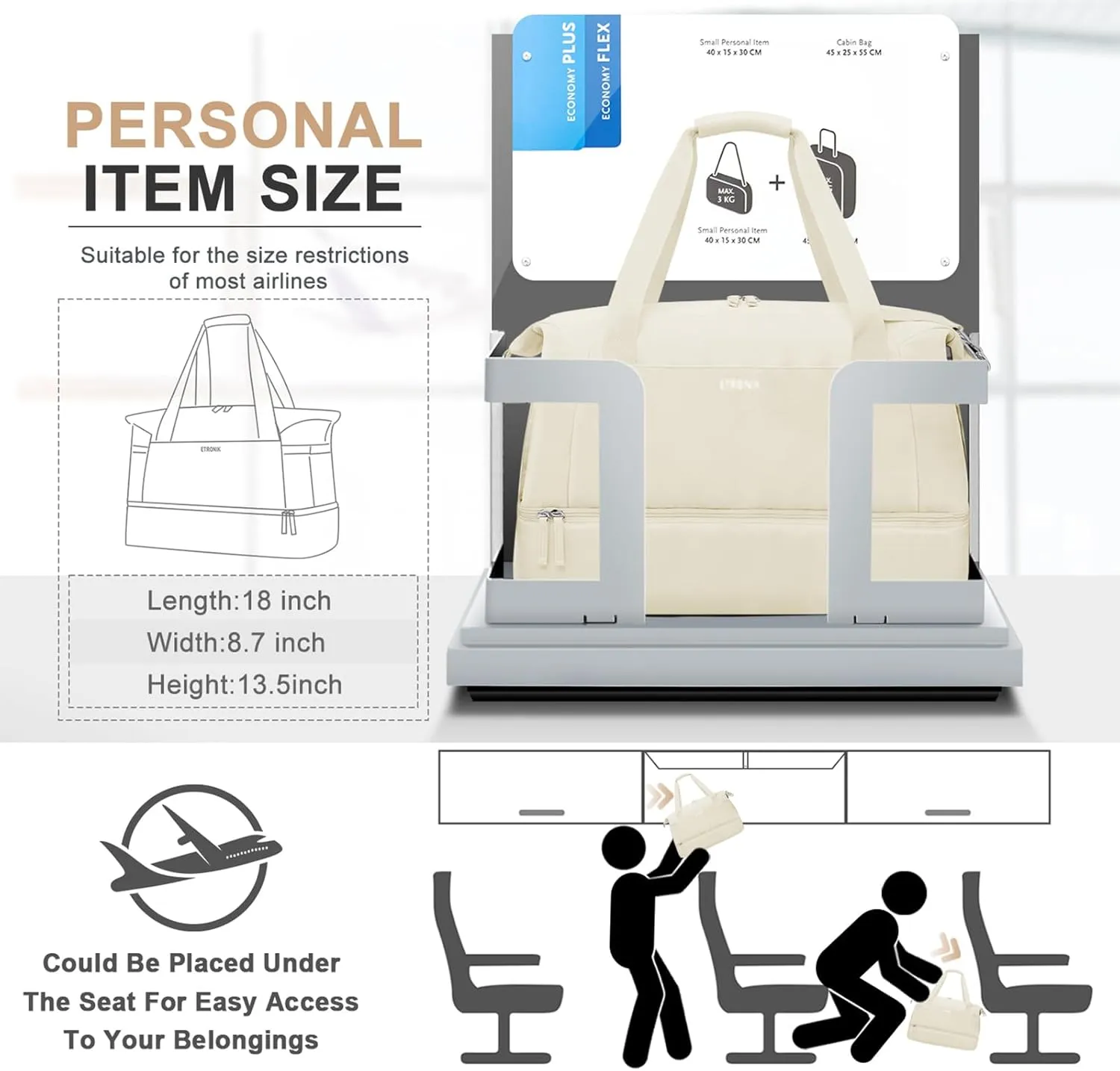ETRONIK Gym Bag for Women, Travel Bag with Shoes Compartment, Weekender Bag with USB Charging Port, Beige, Medium, Gym Bag Travel Bag