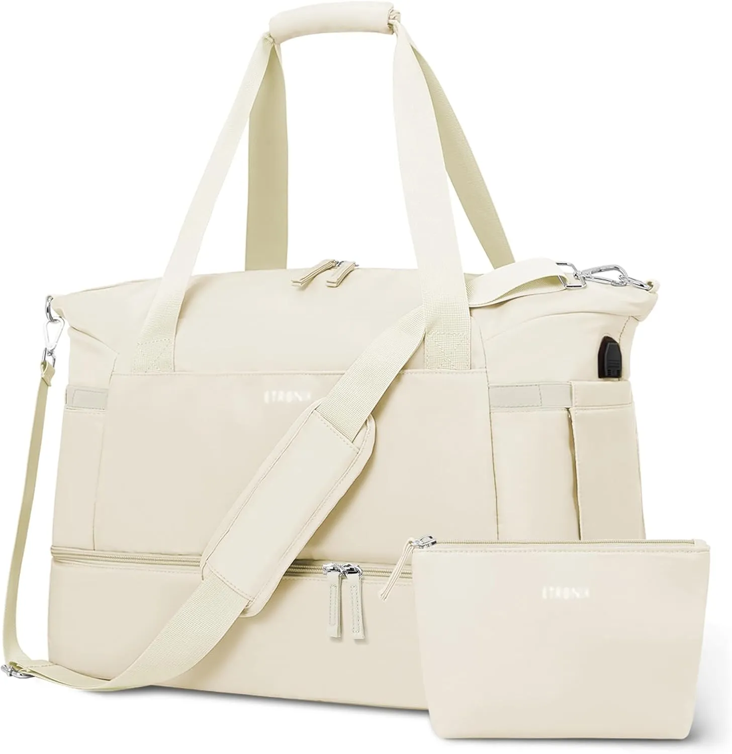 ETRONIK Gym Bag for Women, Travel Bag with Shoes Compartment, Weekender Bag with USB Charging Port, Beige, Medium, Gym Bag Travel Bag