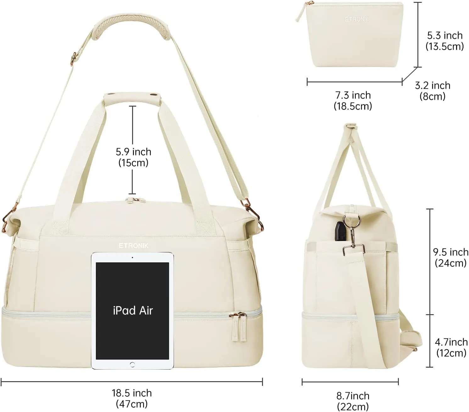 ETRONIK Gym Bag for Women, Travel Bag with Shoes Compartment, Weekender Bag with USB Charging Port, Beige, Medium, Gym Bag Travel Bag