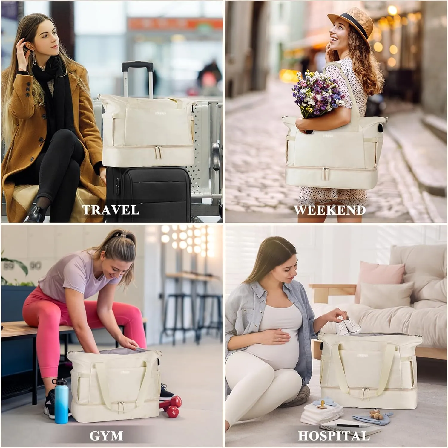 ETRONIK Gym Bag for Women, Travel Bag with Shoes Compartment, Weekender Bag with USB Charging Port, Beige, Medium, Gym Bag Travel Bag