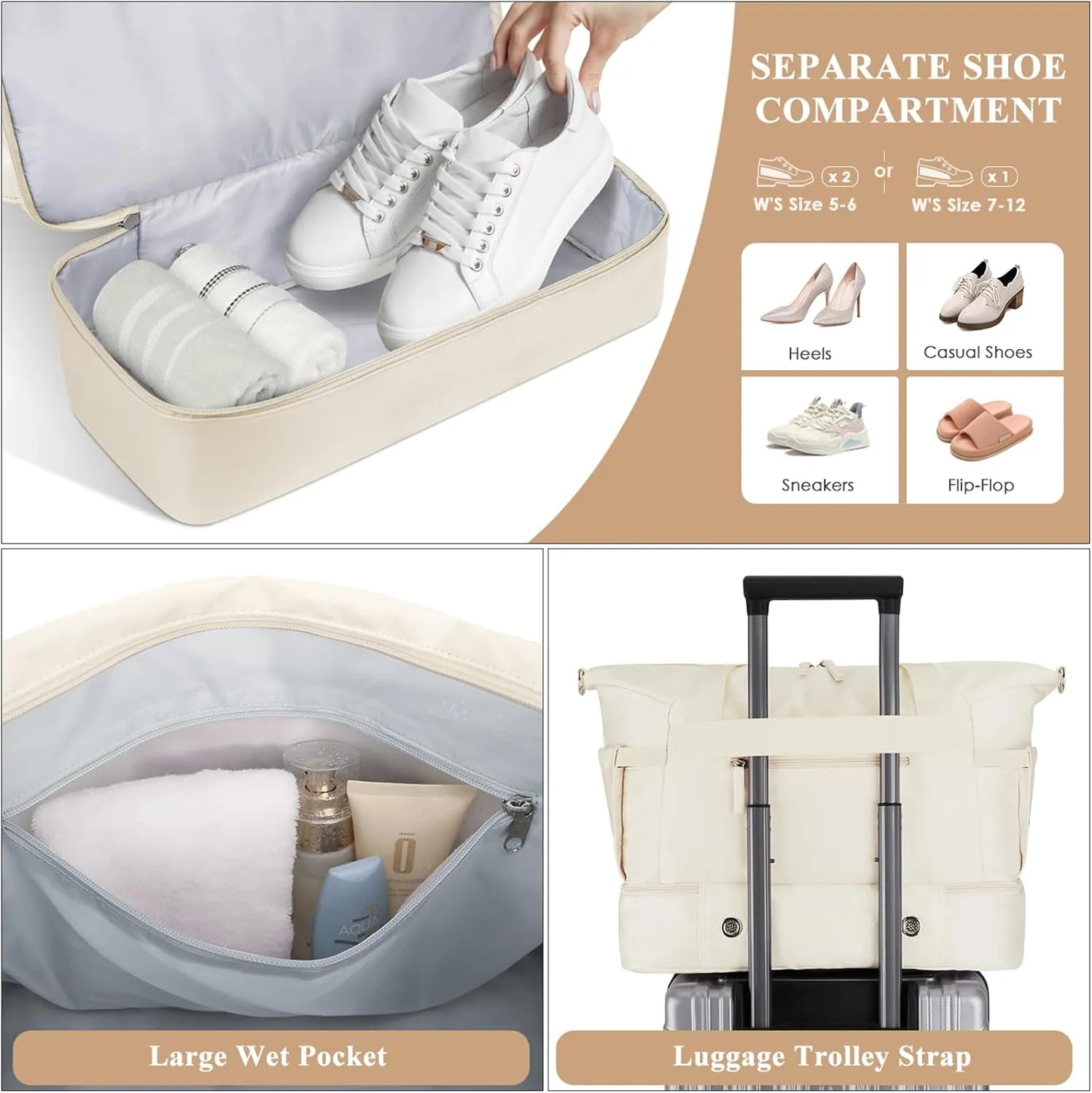 ETRONIK Gym Bag for Women, Travel Bag with Shoes Compartment, Weekender Bag with USB Charging Port, Beige, Medium, Gym Bag Travel Bag