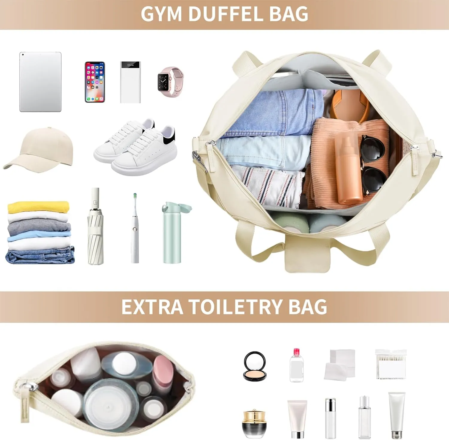 ETRONIK Gym Bag for Women, Travel Bag with Shoes Compartment, Weekender Bag with USB Charging Port, Beige, Medium, Gym Bag Travel Bag