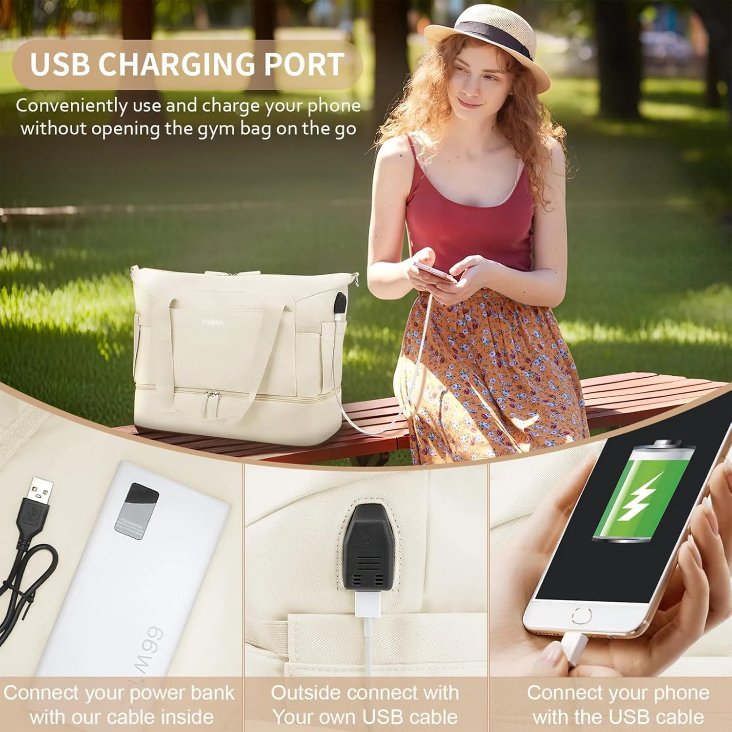 ETRONIK Gym Bag for Women, Travel Bag with Shoes Compartment, Weekender Bag with USB Charging Port, Beige, Medium, Gym Bag Travel Bag
