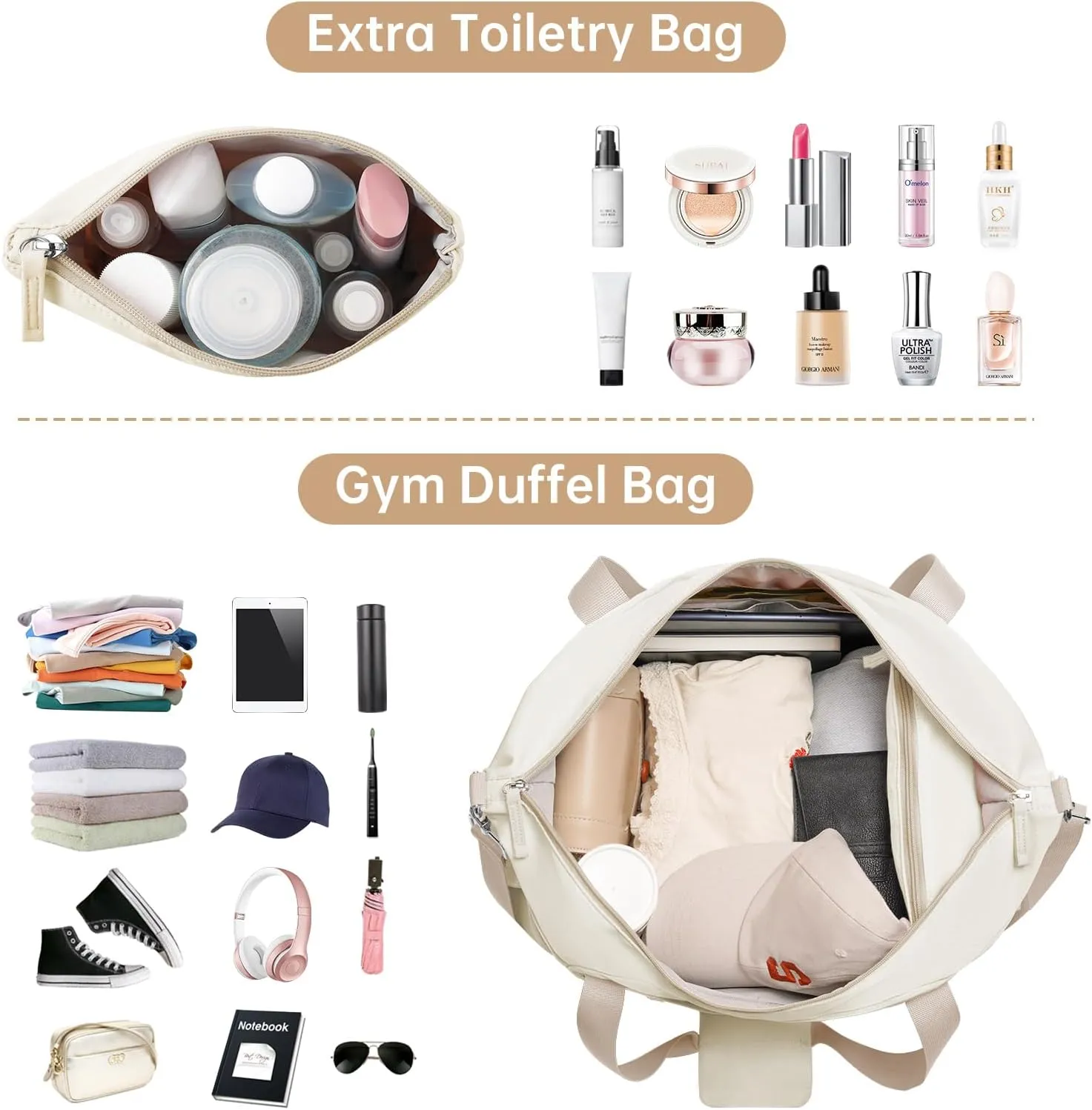 ETRONIK Gym Bag for Women, Travel Bag with Shoes Compartment, Weekender Bag with USB Charging Port, khaki Beige, Medium, Duffel Bag