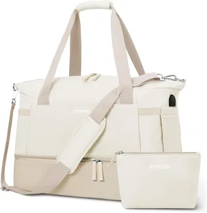 ETRONIK Gym Bag for Women, Travel Bag with Shoes Compartment, Weekender Bag with USB Charging Port, khaki Beige, Medium, Duffel Bag