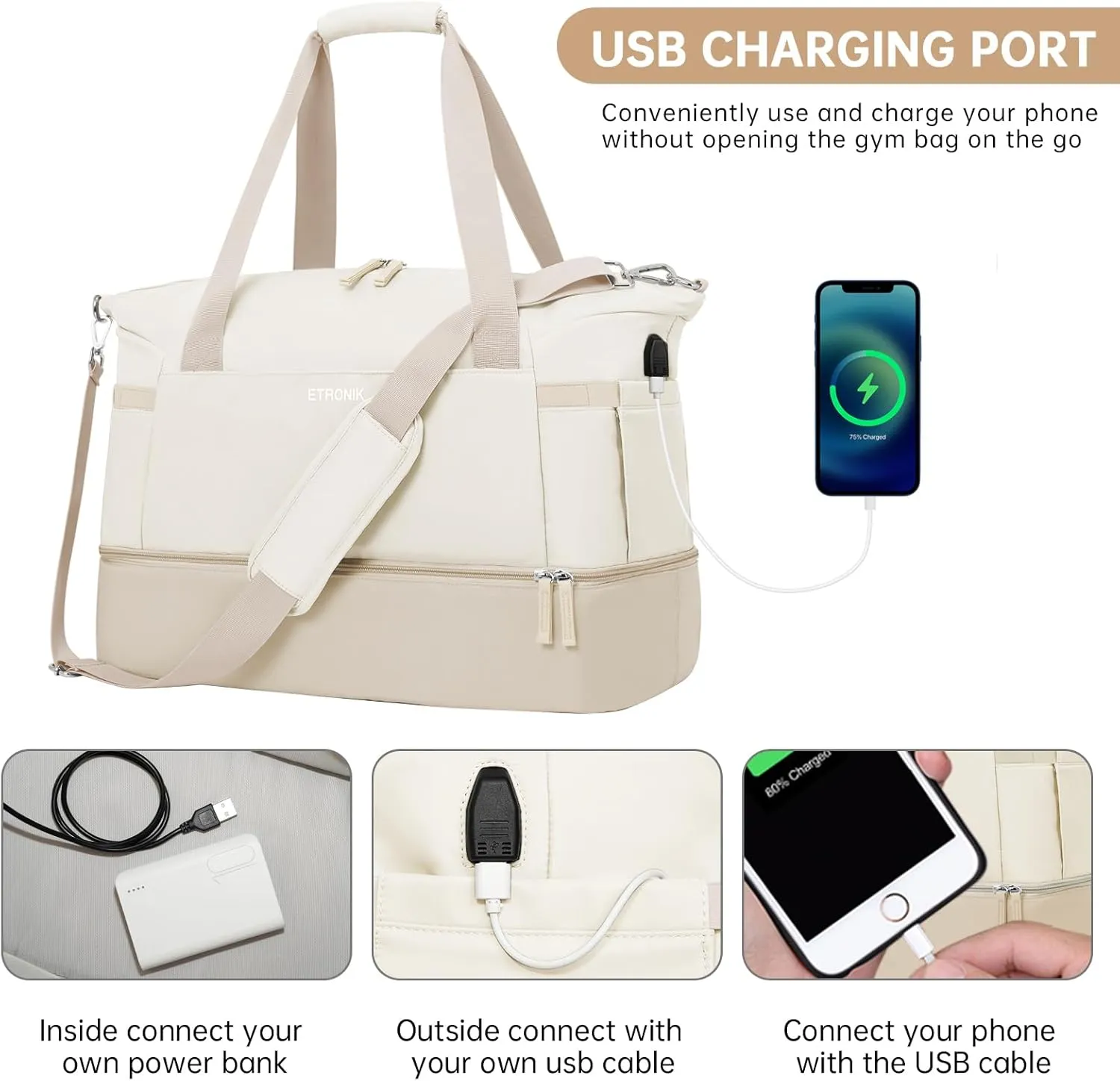 ETRONIK Gym Bag for Women, Travel Bag with Shoes Compartment, Weekender Bag with USB Charging Port, khaki Beige, Medium, Duffel Bag