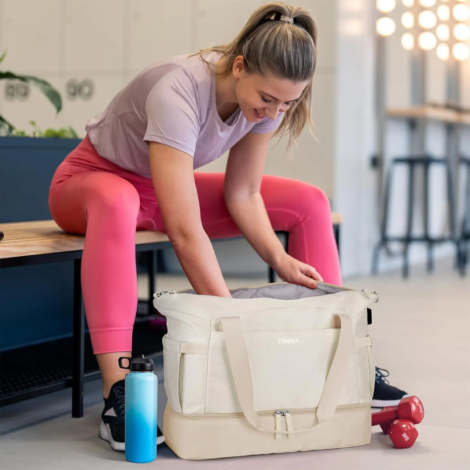 ETRONIK Gym Bag for Women, Travel Bag with Shoes Compartment, Weekender Bag with USB Charging Port, khaki Beige, Medium, Duffel Bag