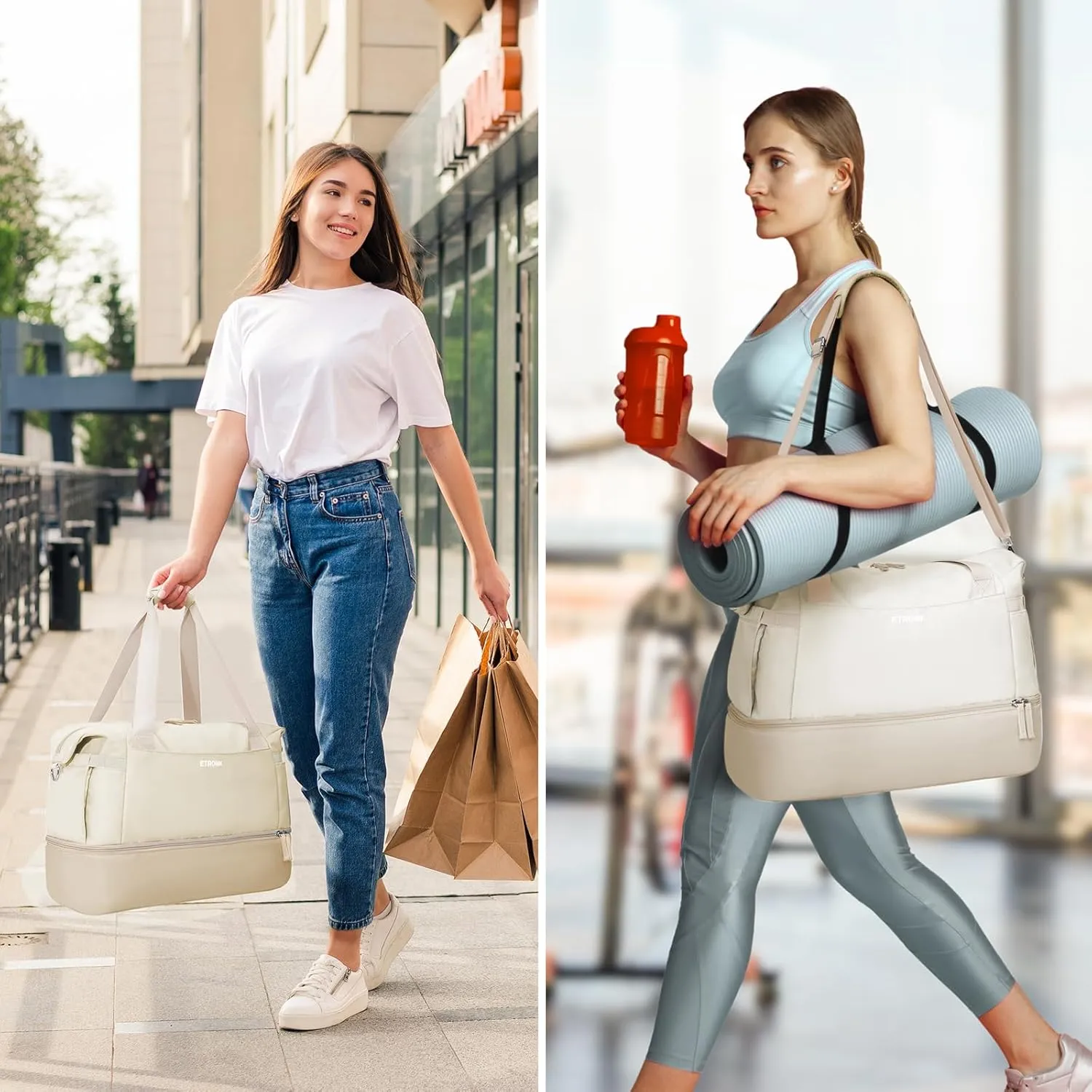 ETRONIK Gym Bag for Women, Travel Bag with Shoes Compartment, Weekender Bag with USB Charging Port, khaki Beige, Medium, Duffel Bag