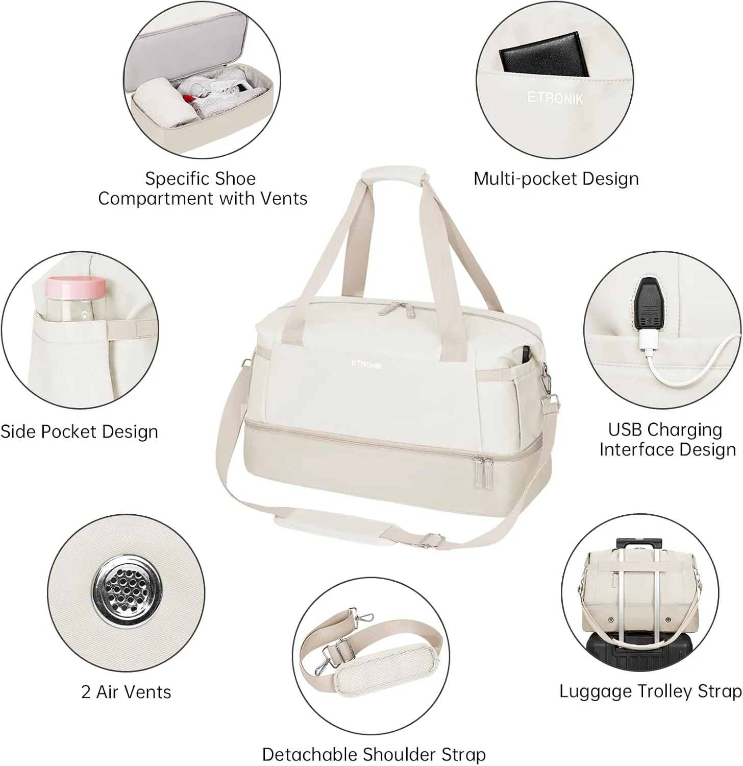 ETRONIK Gym Bag for Women, Travel Bag with Shoes Compartment, Weekender Bag with USB Charging Port, khaki Beige, Medium, Duffel Bag