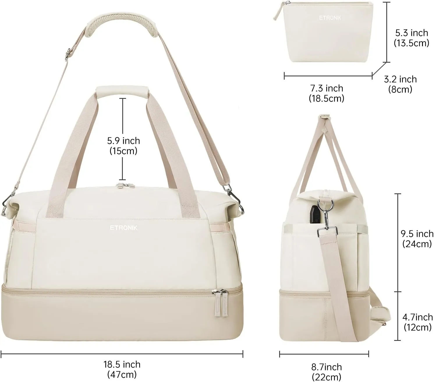 ETRONIK Gym Bag for Women, Travel Bag with Shoes Compartment, Weekender Bag with USB Charging Port, khaki Beige, Medium, Duffel Bag