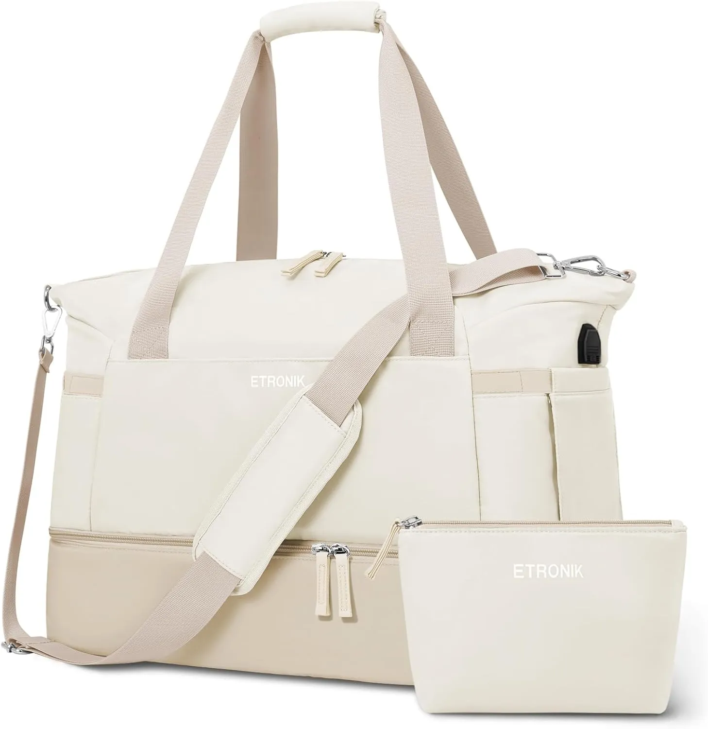 ETRONIK Gym Bag for Women, Travel Bag with Shoes Compartment, Weekender Bag with USB Charging Port, khaki Beige, Medium, Duffel Bag