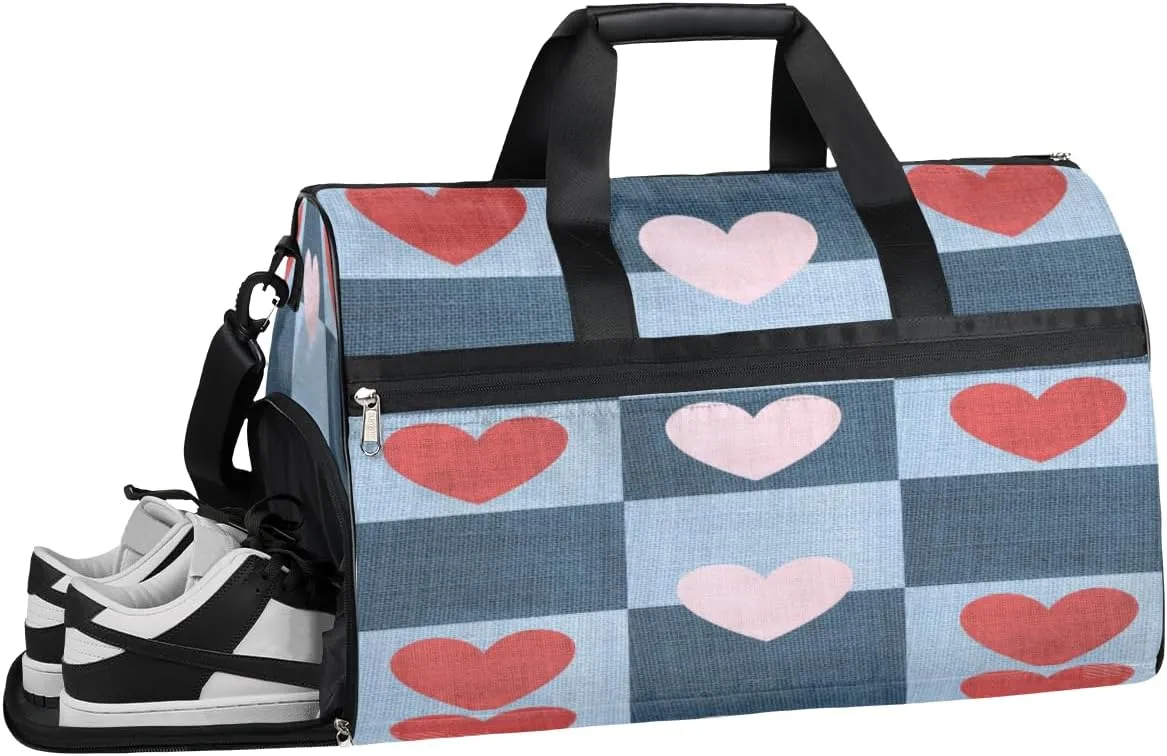 Fabric Heart Gym Bag for Men Women Fitness Workout Sports Duffle Bag with Shoes Compartment Pale Blue Water Resistant Overnight Weekender Duffel Bag