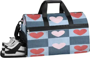 Fabric Heart Gym Bag for Men Women Fitness Workout Sports Duffle Bag with Shoes Compartment Pale Blue Water Resistant Overnight Weekender Duffel Bag