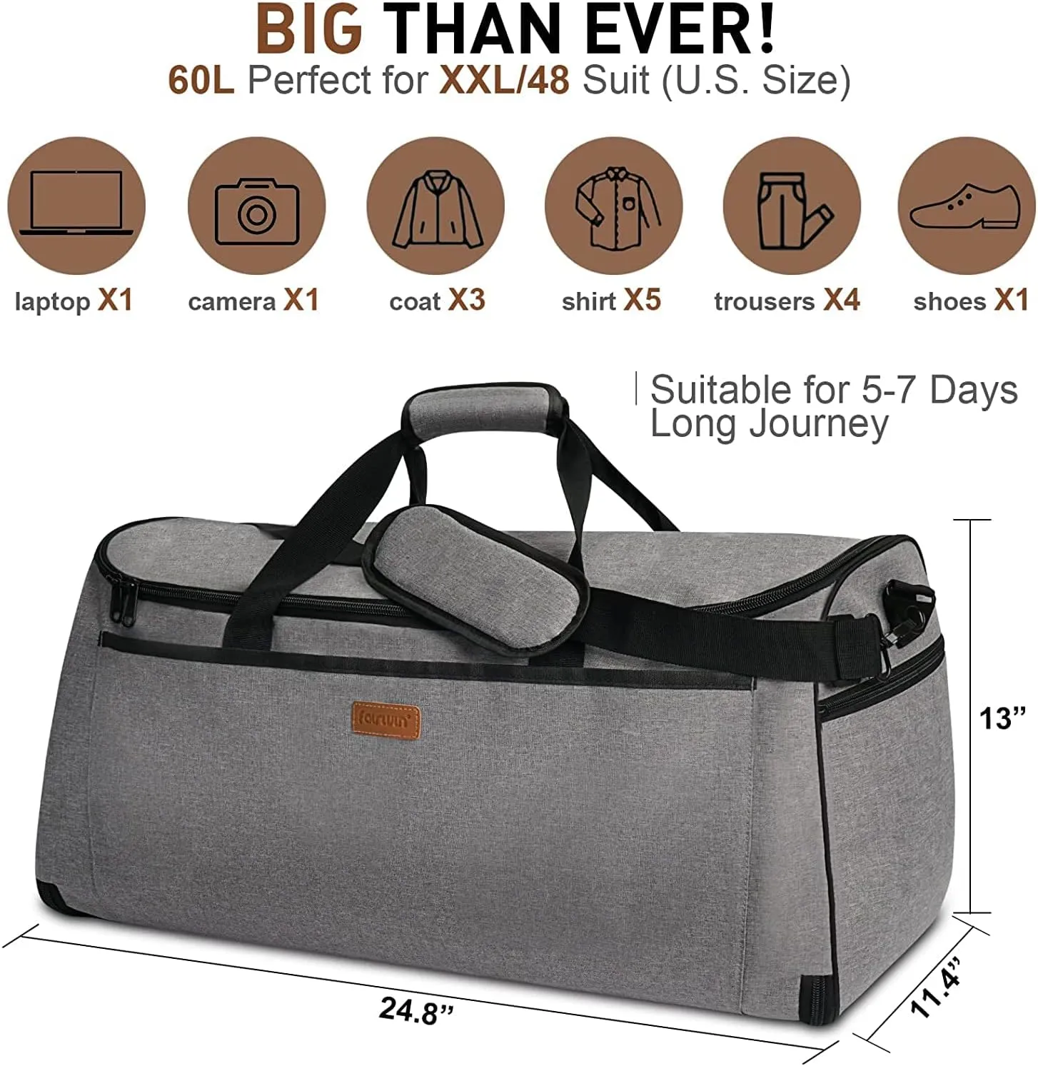 FAIRWIN Garment Bags for Travel, Suit Bag Convertible 2-in-1 Waterproof Hanging Duffle Bag for Men & Women with Shoes Compartment 60L