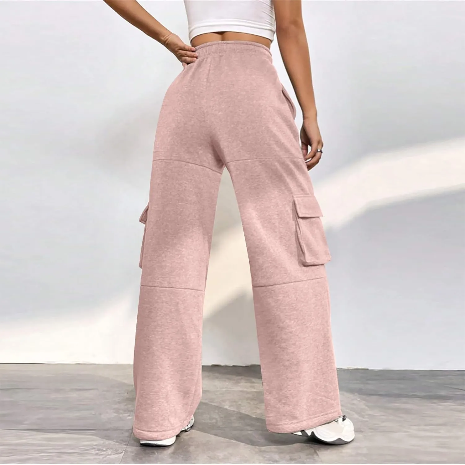 Fleece Cargo Joggers for Women Baggy Straight Leg Sweatpants Drawstring Cinch Bottom High Waisted Pants with Pockets