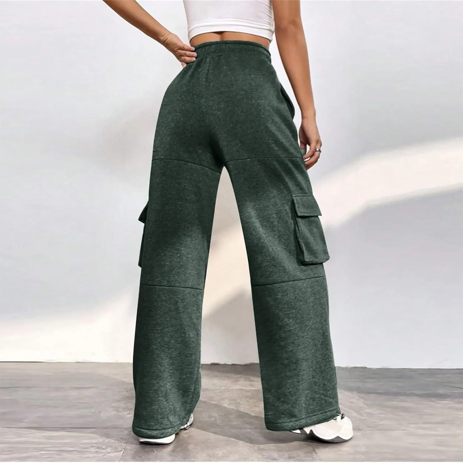 Fleece Cargo Joggers for Women Baggy Straight Leg Sweatpants Drawstring Cinch Bottom High Waisted Pants with Pockets
