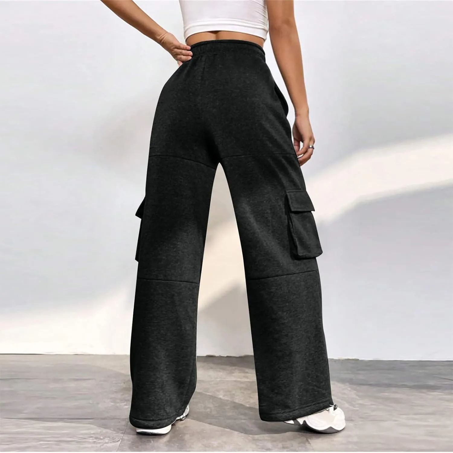 Fleece Cargo Joggers for Women Baggy Straight Leg Sweatpants Drawstring Cinch Bottom High Waisted Pants with Pockets