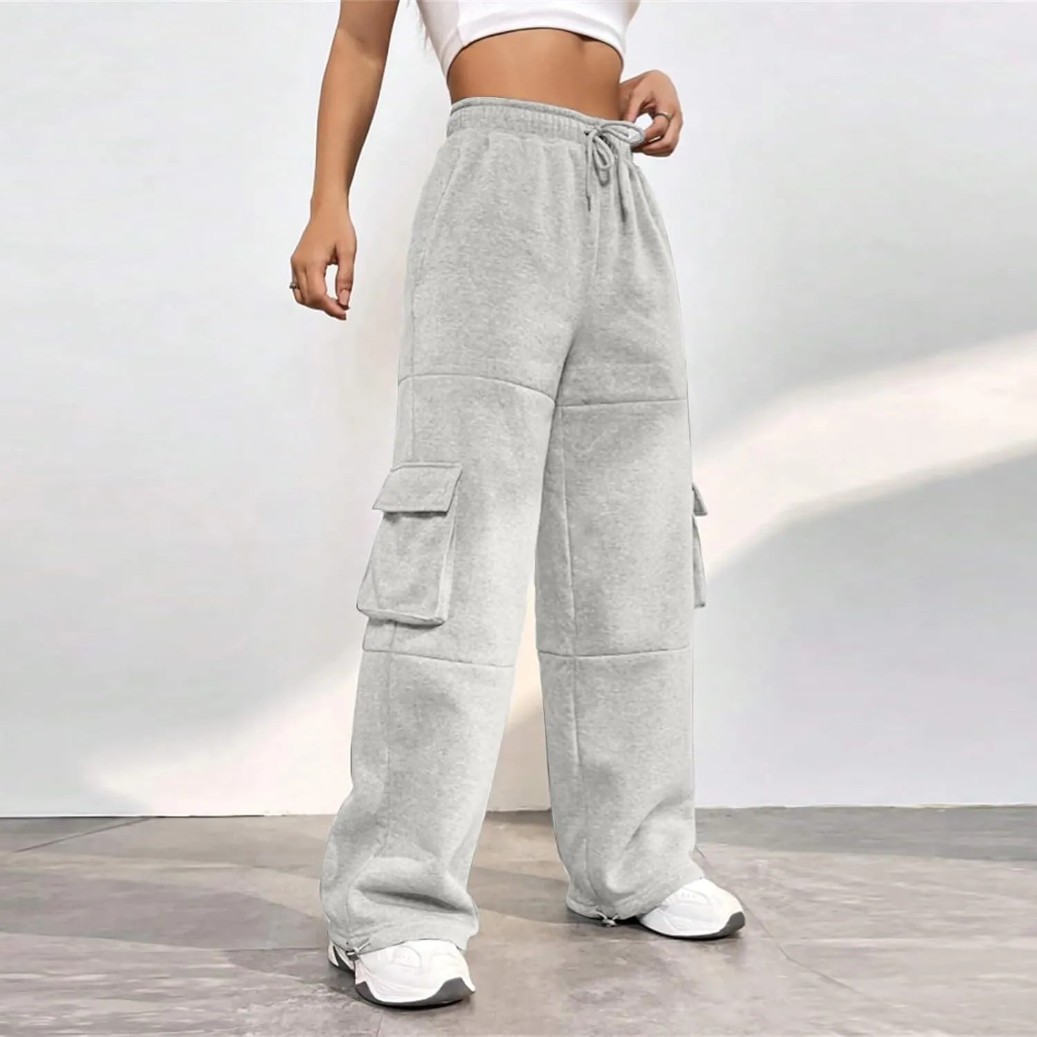 Fleece Cargo Joggers for Women Baggy Straight Leg Sweatpants Drawstring Cinch Bottom High Waisted Pants with Pockets