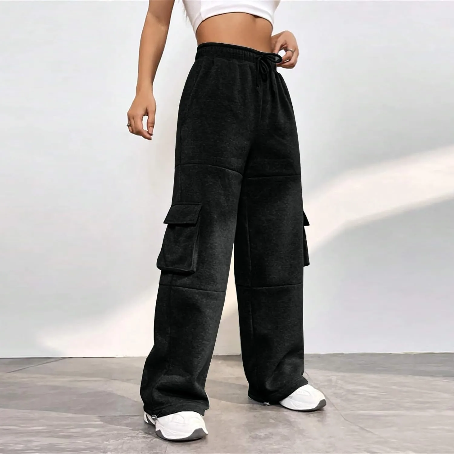 Fleece Cargo Joggers for Women Baggy Straight Leg Sweatpants Drawstring Cinch Bottom High Waisted Pants with Pockets