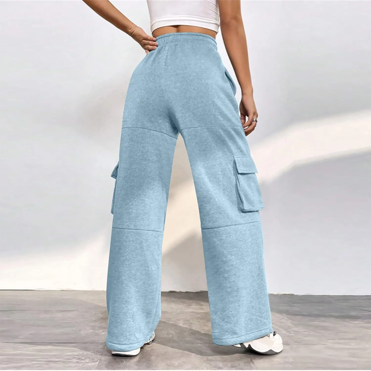 Fleece Cargo Joggers for Women Baggy Straight Leg Sweatpants Drawstring Cinch Bottom High Waisted Pants with Pockets