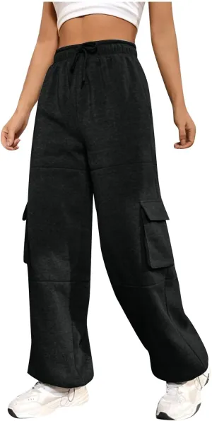 Fleece Cargo Joggers for Women Baggy Straight Leg Sweatpants Drawstring Cinch Bottom High Waisted Pants with Pockets