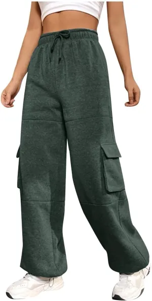 Fleece Cargo Joggers for Women Baggy Straight Leg Sweatpants Drawstring Cinch Bottom High Waisted Pants with Pockets