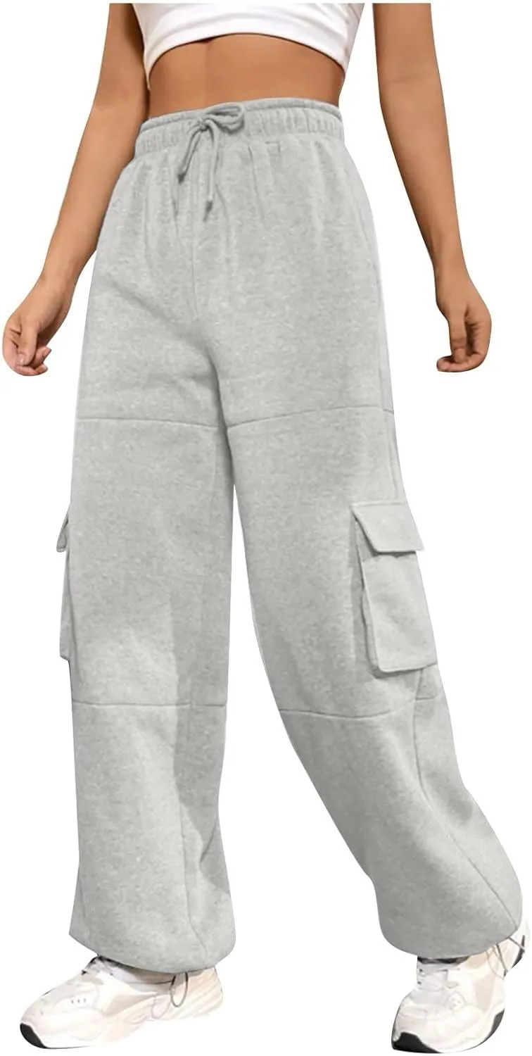 Fleece Cargo Joggers for Women Baggy Straight Leg Sweatpants Drawstring Cinch Bottom High Waisted Pants with Pockets