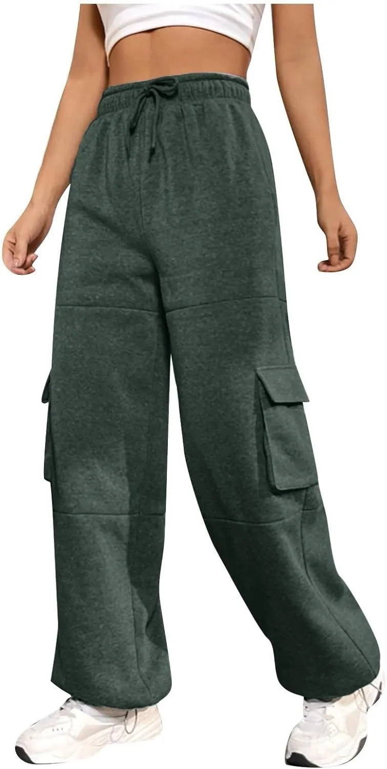 Fleece Cargo Joggers for Women Baggy Straight Leg Sweatpants Drawstring Cinch Bottom High Waisted Pants with Pockets