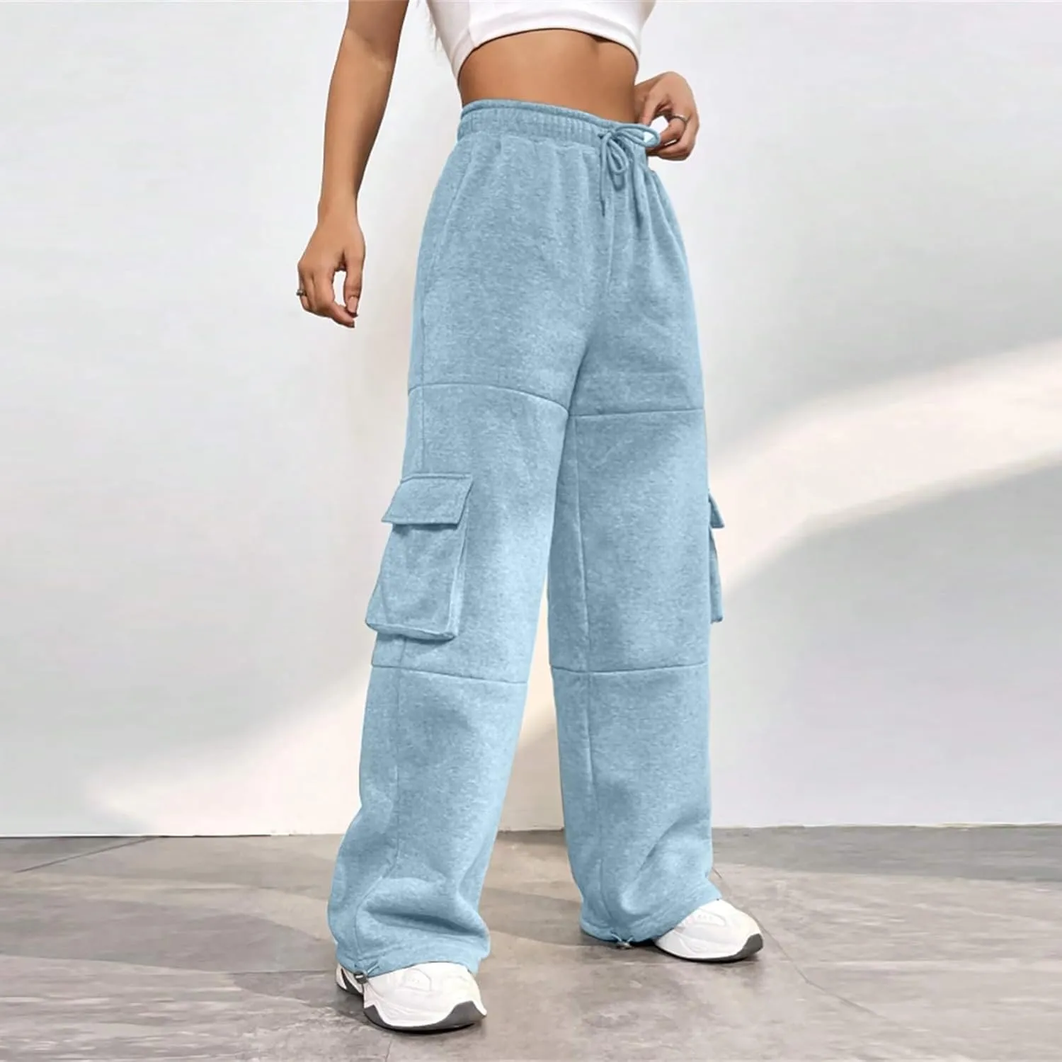 Fleece Cargo Joggers for Women Baggy Straight Leg Sweatpants Drawstring Cinch Bottom High Waisted Pants with Pockets