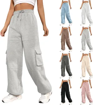 Fleece Cargo Joggers for Women Baggy Straight Leg Sweatpants Drawstring Cinch Bottom High Waisted Pants with Pockets