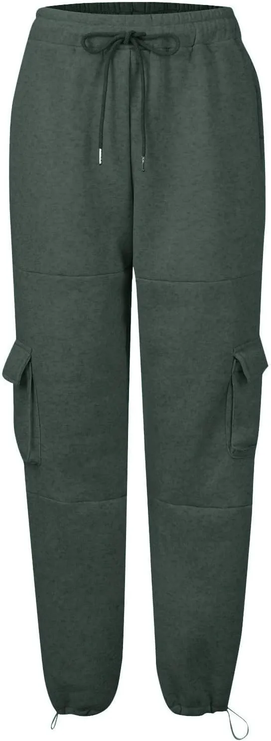 Fleece Cargo Joggers for Women Baggy Straight Leg Sweatpants Drawstring Cinch Bottom High Waisted Pants with Pockets