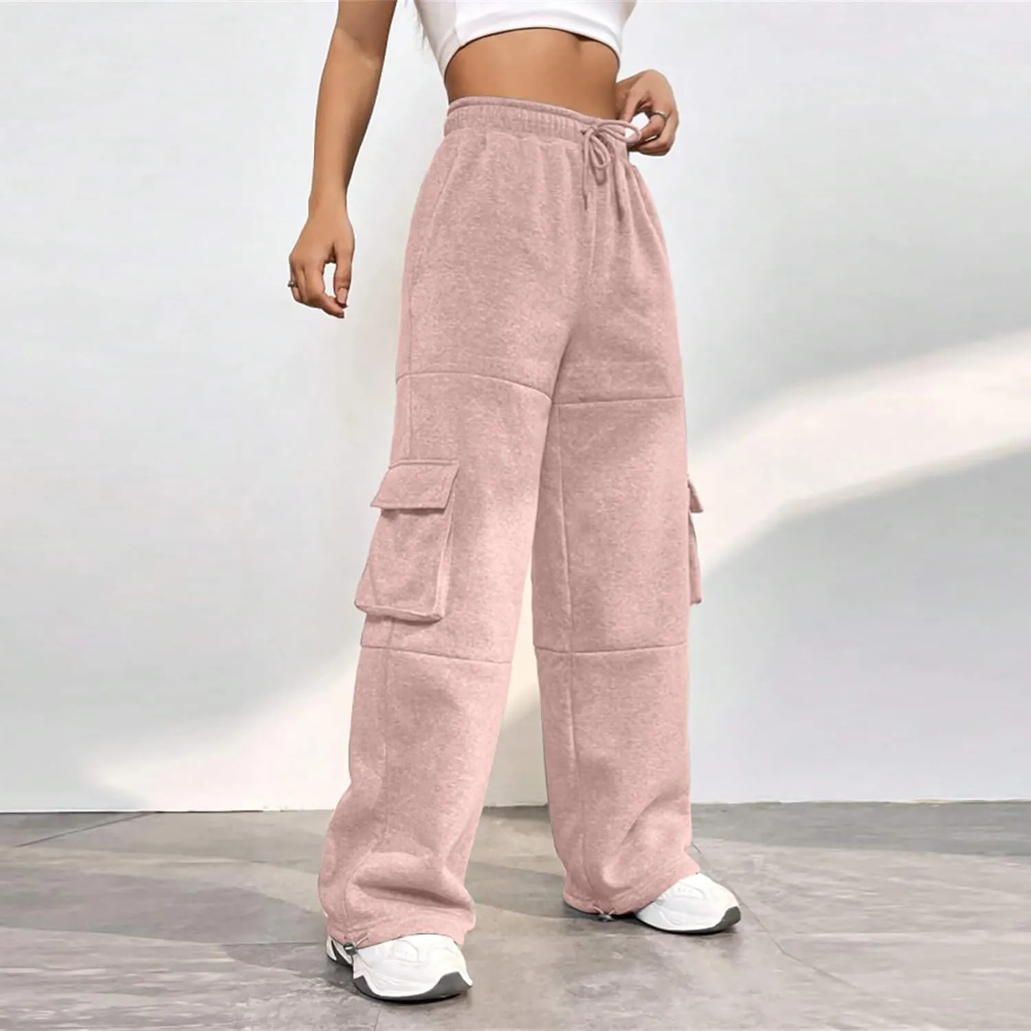 Fleece Cargo Joggers for Women Baggy Straight Leg Sweatpants Drawstring Cinch Bottom High Waisted Pants with Pockets