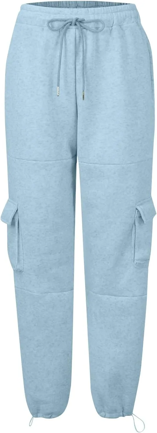 Fleece Cargo Joggers for Women Baggy Straight Leg Sweatpants Drawstring Cinch Bottom High Waisted Pants with Pockets
